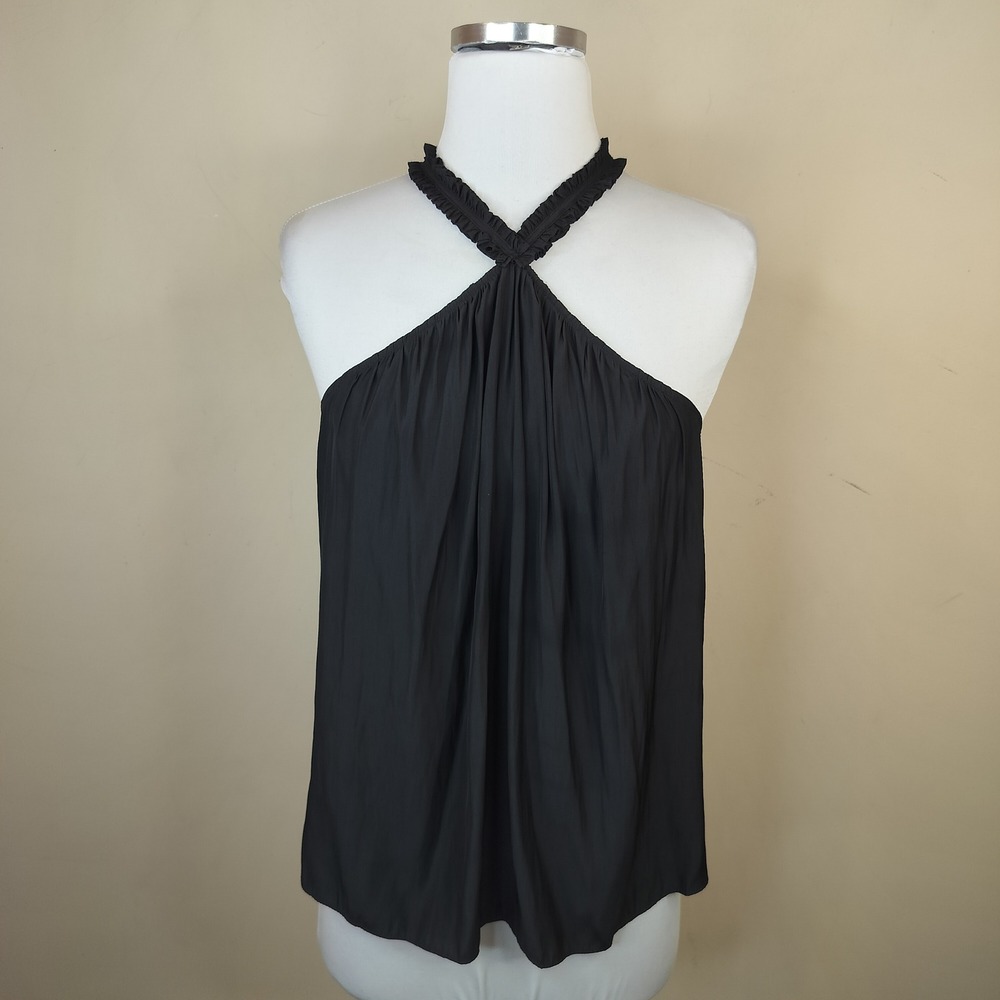 Ramy Brook Halter Tank Top Small Ruffled Neck Keyhole Back Chic Black